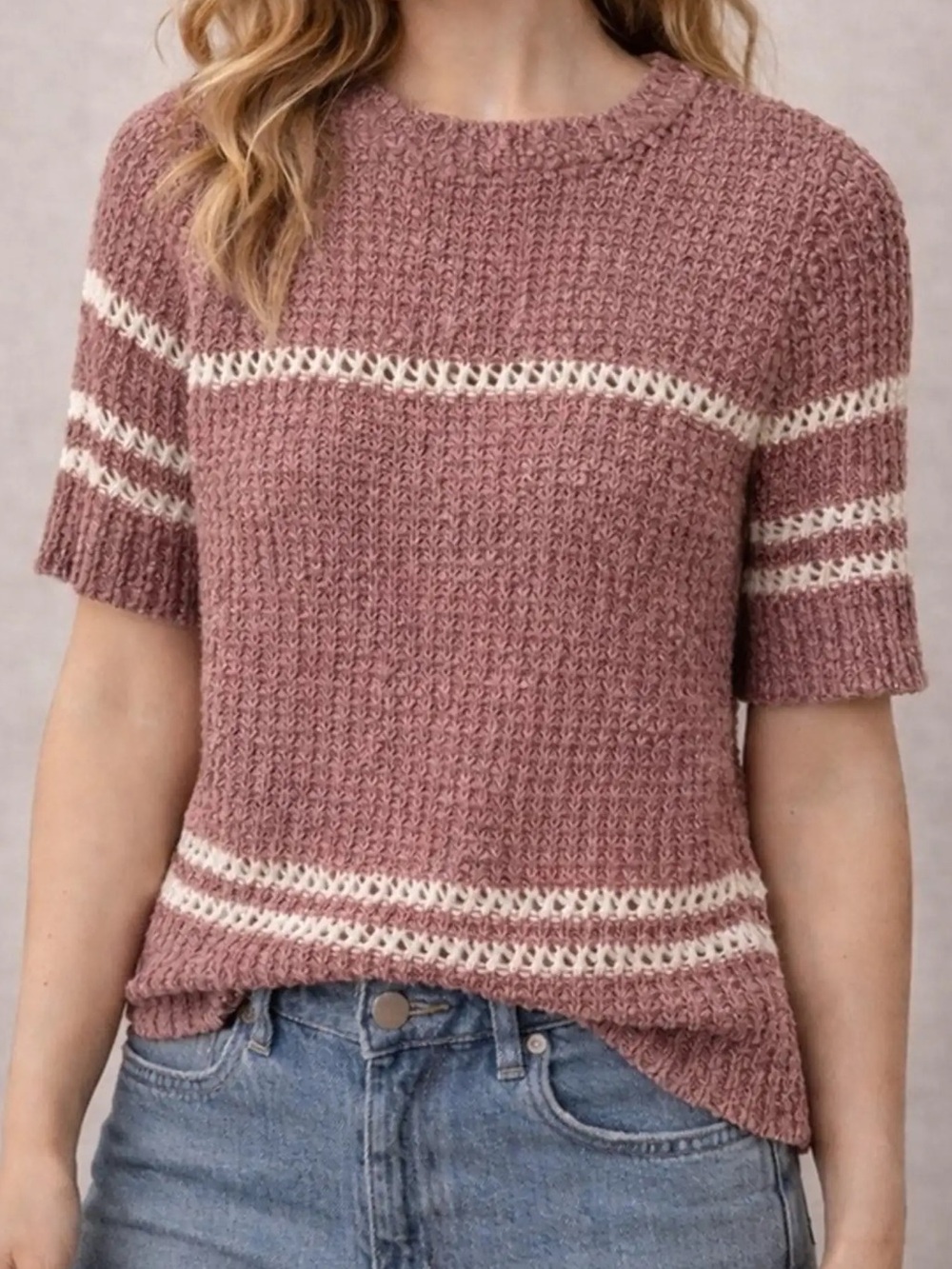 By Anthropologie Textured Short Sleeve Knit Sweater Top Stretchy Mauve Small